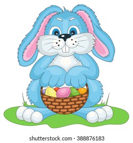 vector illustration Easter bunny with bast basket of colored eggs