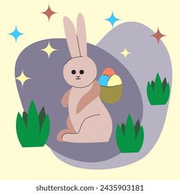 Vector illustration of an Easter bunny carrying colorful Easter eggs in a basket on his back. Easter, hare, egg, holiday.