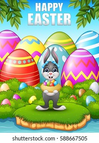 Vector illustration of Easter bunny carrying easter eggs in the woods near the river