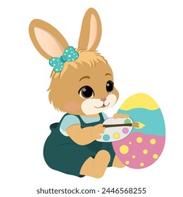 Vector illustration of an Easter bunny, Clipart rabbit painting an egg, Happy Easter day.