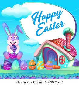 vector illustration of Easter bunny with colorful egg - Vector