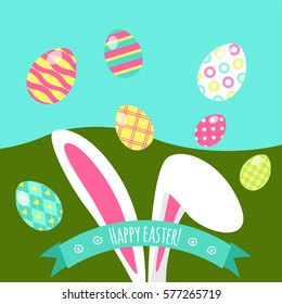 Vector illustration of Easter bunny ears and colored eggs greeting card on green background. Happy Easter lettering.