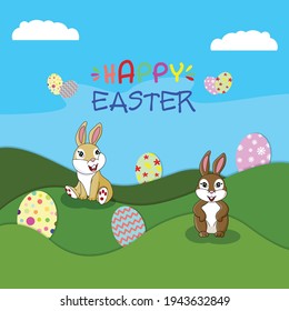 Vector illustration of an Easter bunny with eggs on the grass and in front of the blue sky.