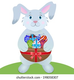 Vector illustration of an Easter bunny with eggs on a white background