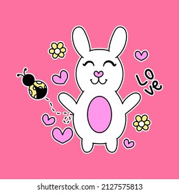 VECTOR ILLUSTRATION OF AN EASTER BUNNY WITH ELEMENTS OF NATURE, SLOGAN PRINT