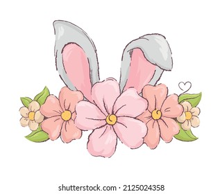 Vector illustration of an Easter bunny with flowers. Bunny ears with beautiful flowers isolated on white background.