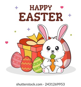 Vector illustration of an Easter bunny, with gift boxes and eggs, perfect for posters, backgrounds, stickers, Easter greeting cards, t-shirts, etc