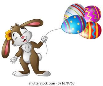 Vector illustration of Easter bunny holding easter eggs balloons