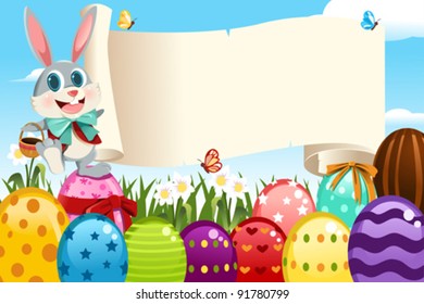 A vector illustration of an Easter bunny holding a blank sign surrounded by Easter eggs