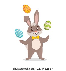 Vector illustration. Easter Bunny juggles with colored eggs. Easter. Set.