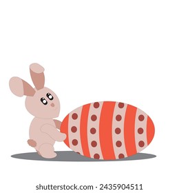 Vector illustration of an Easter bunny leaning on a large decorative Easter egg. Easter, ornamental, holidays, animal, traditional holidays.
