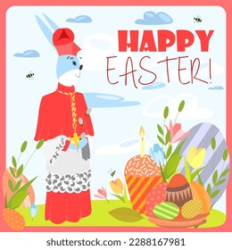 Vector illustration with an Easter bunny on a colored background with clouds and bees, with Easter eggs and a festive bun