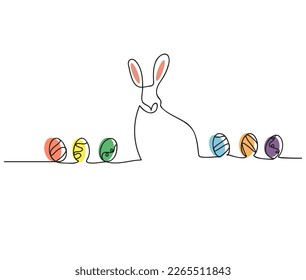 ilustración vectorial del conejo de Pascua en una línea con huevos de Pascua en color