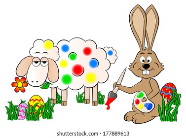 vector illustration of a easter bunny painting a sheep colorful