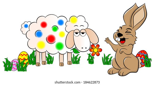 vector illustration of a easter bunny painting a sheep colorful