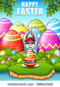 Vector illustration of Easter bunny painting easter egg in the woods near the river