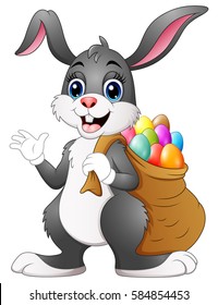 Vector illustration of Easter bunny rabbit with easter eggs a sack of full