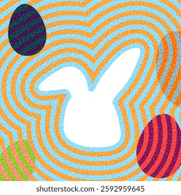 Vector illustration of an Easter bunny silhouette surrounded by wavy, colorful patterns and decorative eggs, creating a modern festive design.