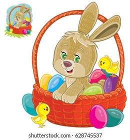 Vector illustration of an easter bunny sitting in a basket for easter hunting with decorated eggs and yellow chickens. Print