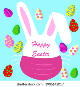 Ilustración vectorial del conejito de Pascua con máscara con huevos y texto