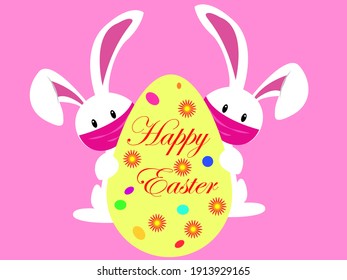 vector illustration of Easter bunny wearing mask with happy Easter text, Easter 2021