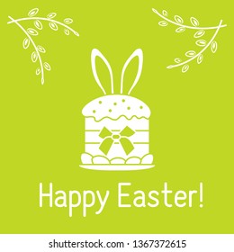 Vector illustration with Easter cake, bunny ears peeking from him, willow branches. Happy Easter. Festive background. Design for banner, poster or print.