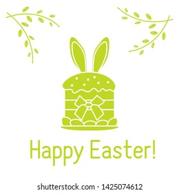 Vector illustration with Easter cake, bunny ears peeking from him, willow branches. Happy Easter. Festive background. Design for banner, poster or print.