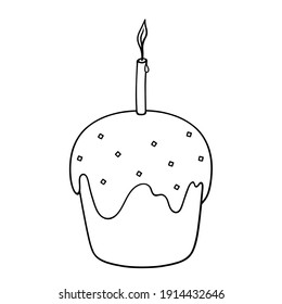 Vector illustration of an Easter cake with a candle. Isolated  on a white background. Сontour. Doodle.