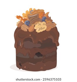 Vector illustration Easter cake, with chocolate cream, decorated with nut and confectionery sweets isolated on white background.