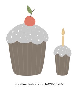 Vector illustration of Easter cakes with candle isolated on white background. Traditional Christian symbol and design element. Cute food icon