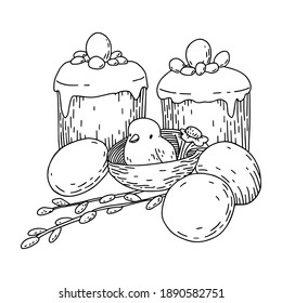 Vector illustration with Easter cakes and eggs, willow, chicken. Black and white sketch with Easter items.