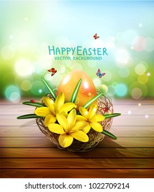 Vector illustration. Easter card with colorful eggs and crocuses, lying in a wicker basket, standing wooden table. Design element, greeting card template