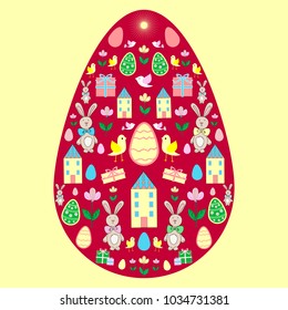 Vector illustration of Easter card.  Fantastic life of Easter characters in the Easter Egg