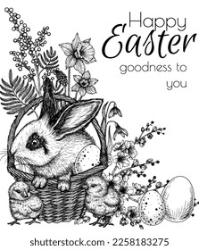 Vector illustration of an Easter card. A rabbit in a basket, little chickens, eggs, spring flowers