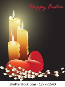 Vector illustration. Easter card with willow catkins, eggs and candle.