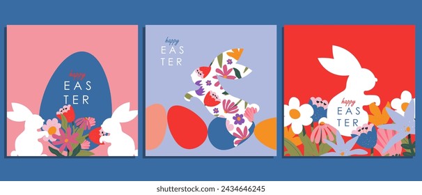 Vector illustration. Easter cards, social media banners, designs. Modern style, spring flowers. Set of square Easter banners.