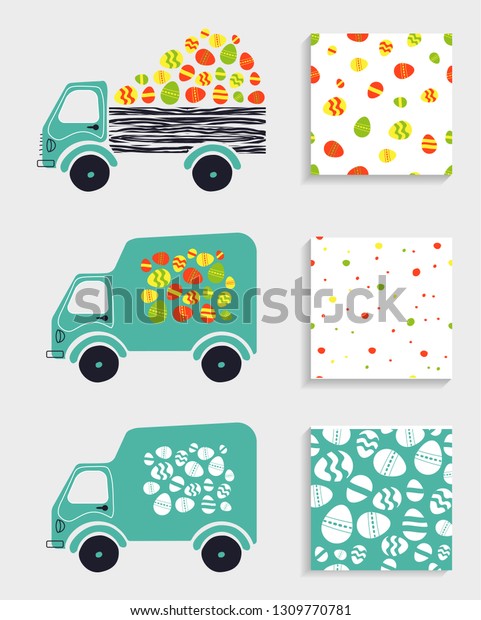 Vector illustration of Easter cars. Easter pattern\
and colored eggs.