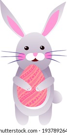Vector illustration of Easter. Cartoon Kawaii Easter bunny with pink egg in paws on white background