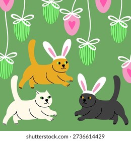 Vector illustration of Easter cats hunting for eggs