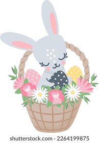 Vector illustration for Easter celebrations. Cute bunny sitting in a basket holding Easter eggs. 