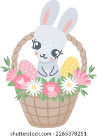 Vector illustration for Easter celebrations. Cute bunny sitting in a basket holding Easter eggs. 