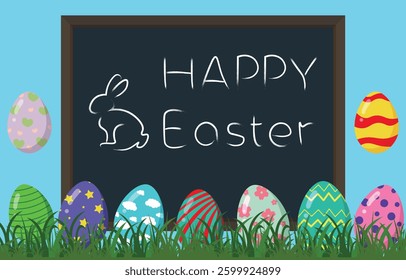 Vector illustration of Easter chalkboard sign with eggs and bunny.