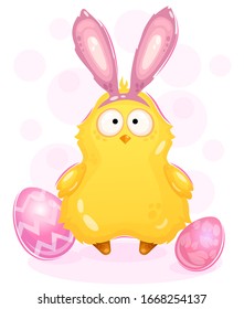 Vector illustration. Easter chicken with hare ears and colored eggs. Easter card. Holiday picture. On white background.