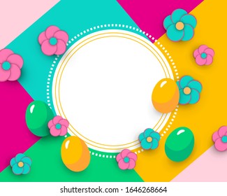  Ilustración vectorial. Diseño de pancartas coloridas de Semana Santa con huevos y flores. Efecto de corte de papel. Utilícelo para tarjetas de felicitación, publicidad, volante, póster, folleto, tarjeta de descuento.
