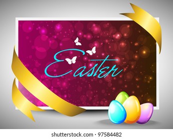 Vector illustration of Easter colorful glossy eggs greeting, gift card or banner in magenta color with copy space for your message. EPS 10.