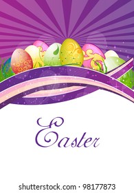 Vector illustration of Easter colorful  glossy eggs greeting, gift card or banner with space for your message. EPS 10.
