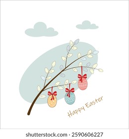 Vector illustration of an Easter composition with a willow branch decorated with eggs suspended on red bows. A symbol of spring, renewal and celebration. Suitable for postcards, decor and design. EPS 