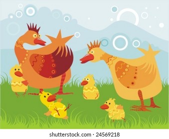 vector illustration for Easter with a cute chicken family