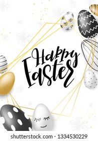 Vector illustration of easter day greetings banner template with hand lettering label - happy easter- with realistic white, black and gold eggs.