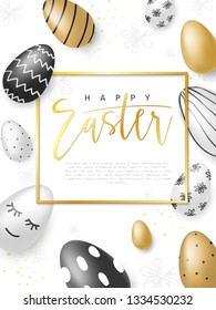 Vector illustration of easter day greetings banner template with hand lettering label - happy easter- with realistic white, black and gold eggs.